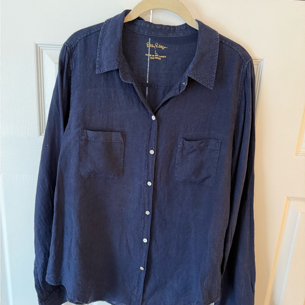 Lilly Pulitzer Sea Air Dark Blue Linen Shirt